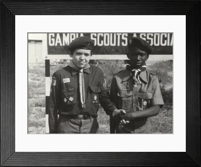 Framed Print : Two scouts outside headquarters, Gambia, West Africa Framed Print : Two scouts outside headquarters, Gambia, West Africa