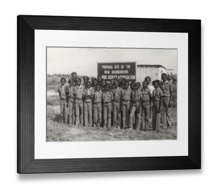 Framed Print : Scouts outside proposed headquarters, Gambia, West Africa Framed Print : Scouts outside proposed headquarters, Gambia, West Africa