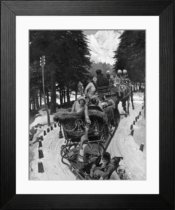 Framed Print : Swiss Winter Tailing scene with horse-drawn sledge Framed Print : Swiss Winter Tailing scene with horse-drawn sledge