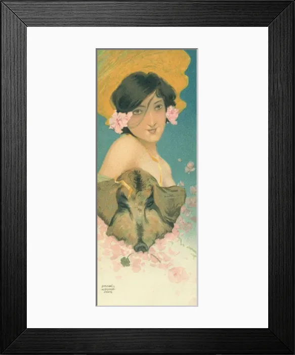 Framed Print : Elegant woman with pig & clover Framed Print : Elegant woman with pig & clover