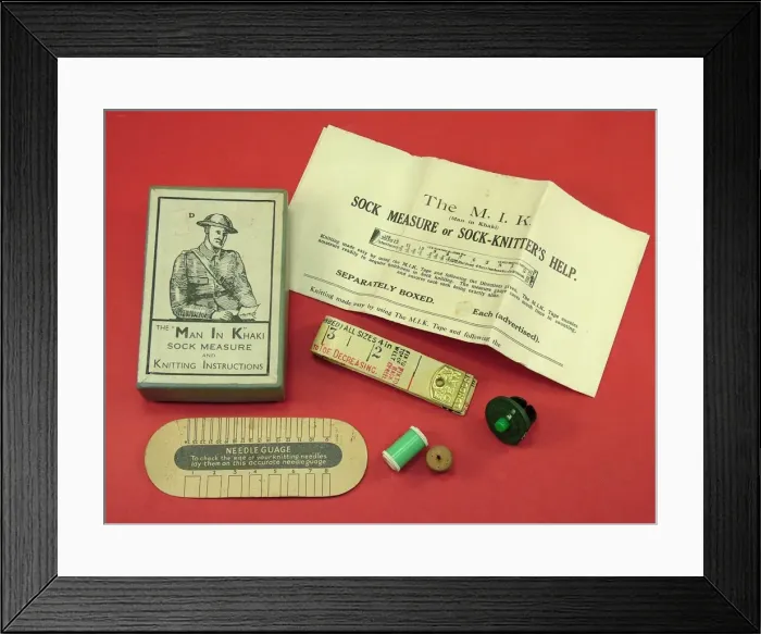 Framed Print : Man in Khaki WW1 sock knitting kit box and instructions Framed Print : Man in Khaki WW1 sock knitting kit box and instructions