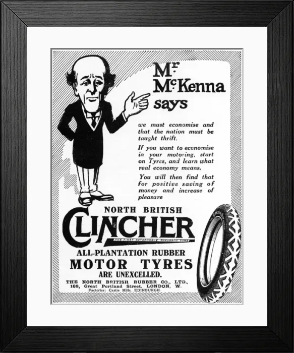 Framed Print : Clincher tyres advertisement, WW1 - Reginald McKenna Framed Print : Clincher tyres advertisement, WW1 - Reginald McKenna