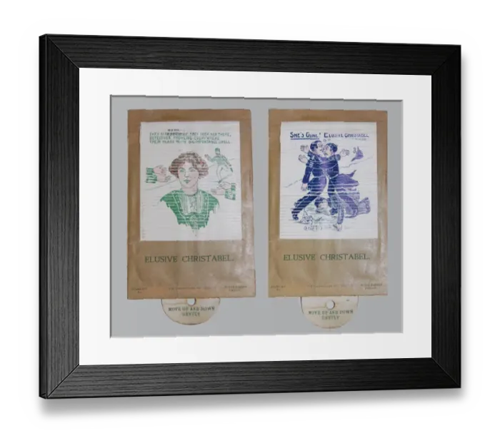 Framed Print : Suffragette Moveable Card Toy Elusive Christabel Framed Print : Suffragette Moveable Card Toy Elusive Christabel