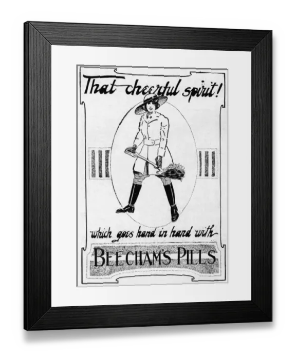Framed Print : Beechams Pills advert with land girl, WW1 Framed Print : Beechams Pills advert with land girl, WW1