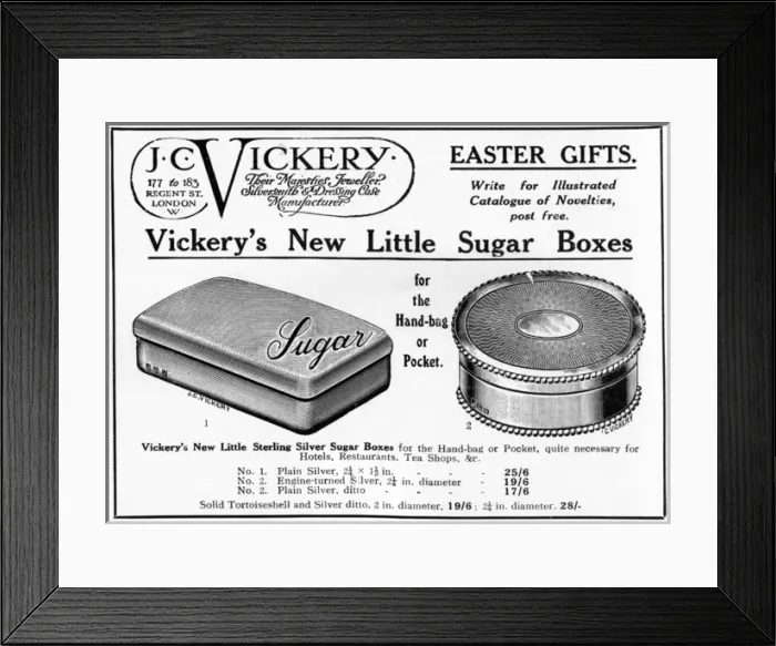 Framed Print : J C Vickery sugar boxes, WW1 rationing Framed Print : J C Vickery sugar boxes, WW1 rationing