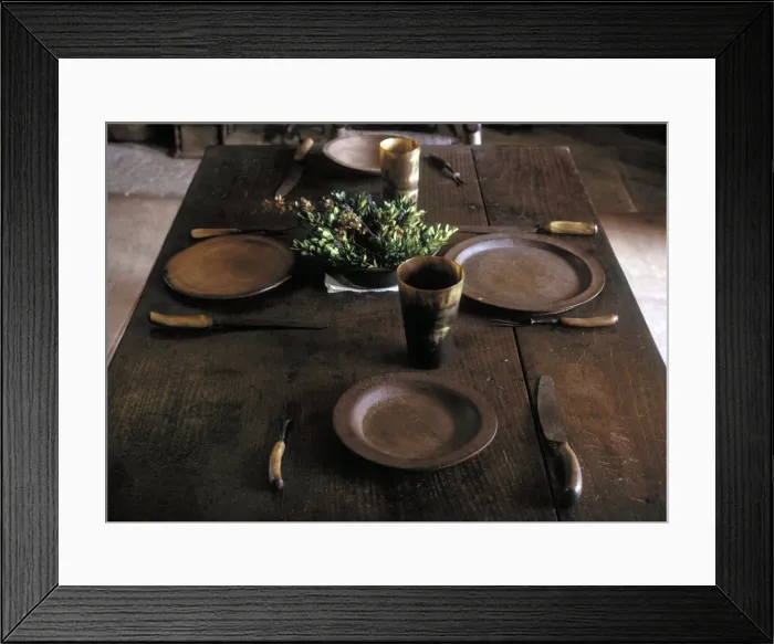 Framed Print : Wooden Platters and Horn Mugs Framed Print : Wooden Platters and Horn Mugs