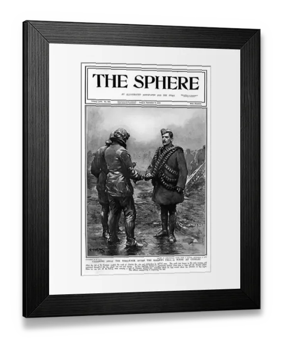 Framed Print : Sphere cover - Clearing away wreckage at Cuffley, WW1 Framed Print : Sphere cover - Clearing away wreckage at Cuffley, WW1