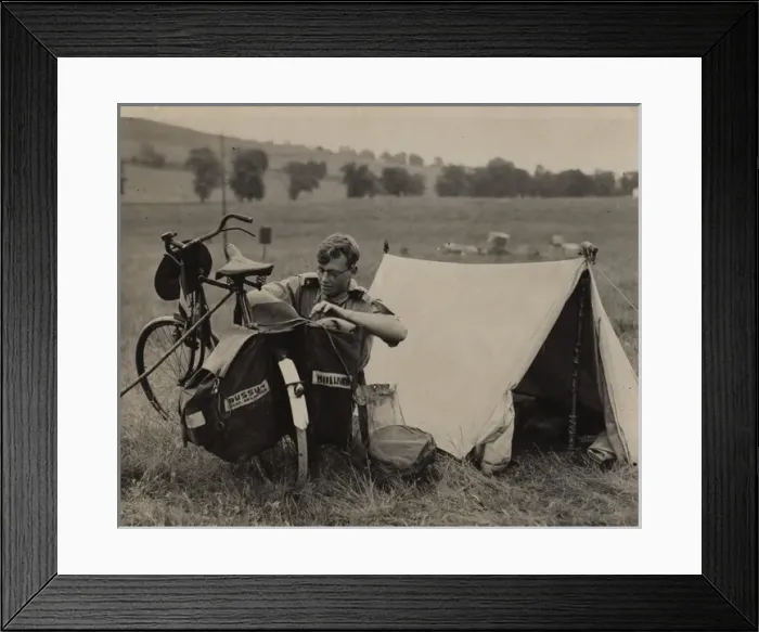 Framed Print : Dutch rover scout with bicycle and tent Framed Print : Dutch rover scout with bicycle and tent