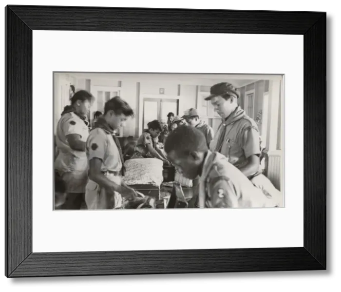 Framed Print : Boy scouts at camp, packing up, British Honduras Framed Print : Boy scouts at camp, packing up, British Honduras