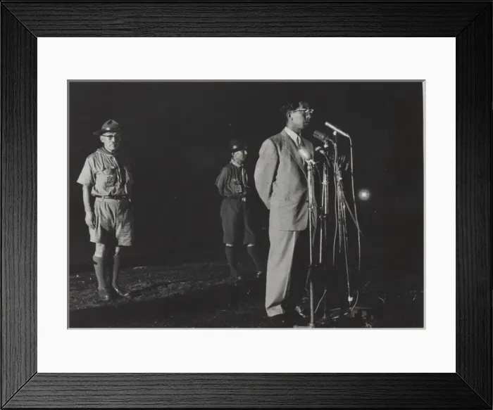 Framed Print : Prince Mikasa giving speech at Jamboree, Karuizawa Framed Print : Prince Mikasa giving speech at Jamboree, Karuizawa