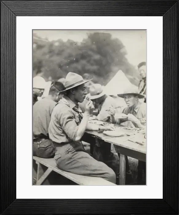 Framed Print : Japanese scouts eating at camp Framed Print : Japanese scouts eating at camp