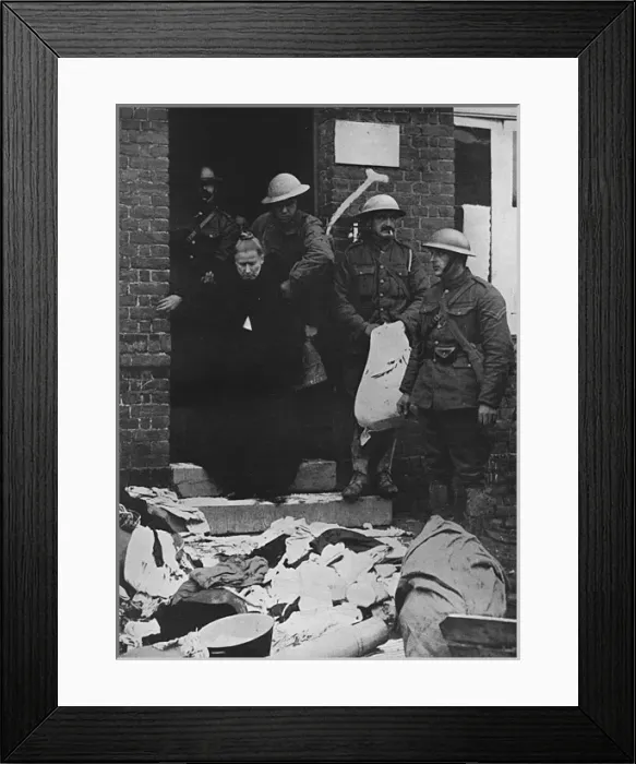 Framed Print : Blind Frenchwoman helped from home by British soldiers, WW1 Framed Print : Blind Frenchwoman helped from home by British soldiers, WW1