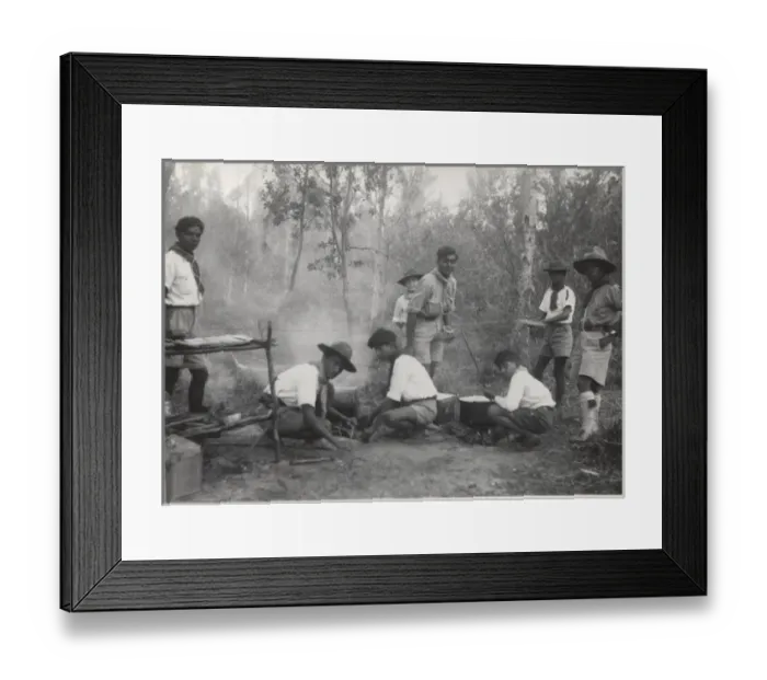 Framed Print : Boy scouts cooking in the open air, Mauritius Framed Print : Boy scouts cooking in the open air, Mauritius
