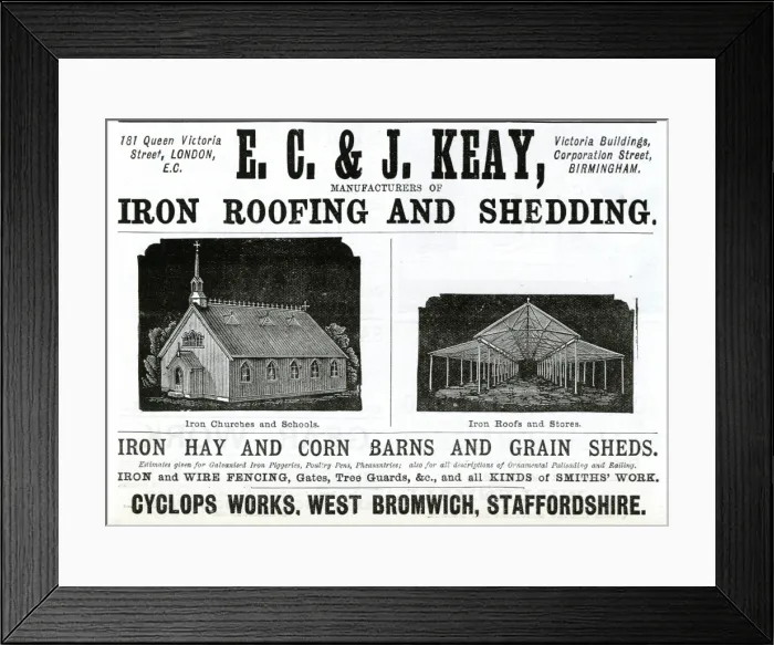 Framed Print : Advert for E. C. & J. Keay iron roofing & shedding 1888 Framed Print : Advert for E. C. & J. Keay iron roofing & shedding 1888