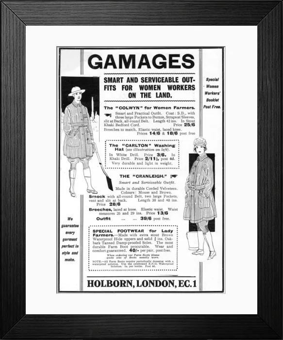 Framed Print : Gamages outfits for women workers on the land, WW1 Framed Print : Gamages outfits for women workers on the land, WW1