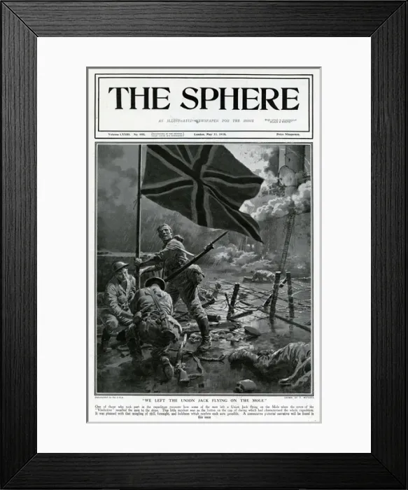 Framed Print : Sphere cover - Zeebrugge raid, crew fix Union flag, WW1 Framed Print : Sphere cover - Zeebrugge raid, crew fix Union flag, WW1