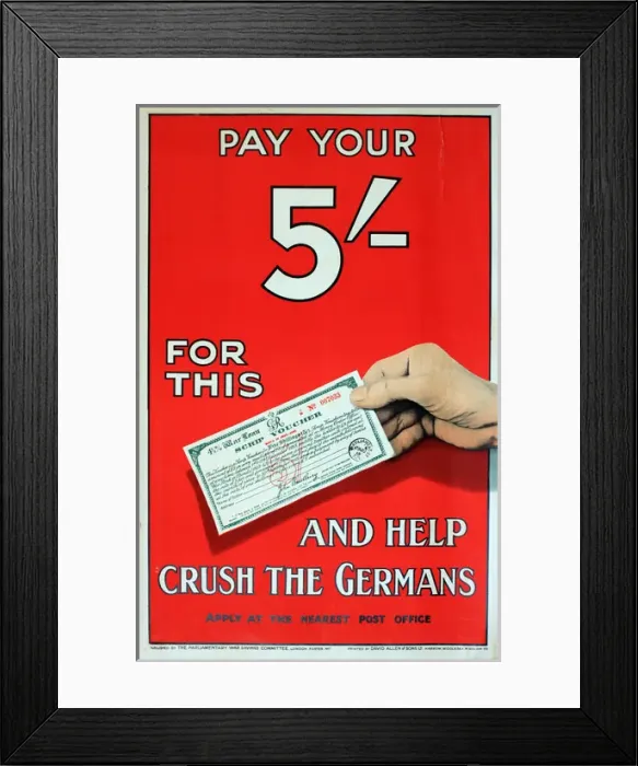 Framed Print : WWI Poster, Pay Your 5 - and Help Crush the Germans Framed Print : WWI Poster, Pay Your 5 - and Help Crush the Germans