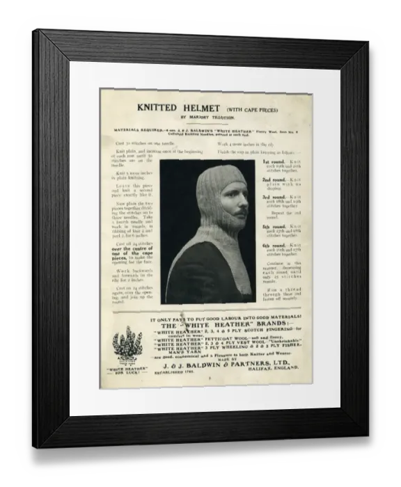 Framed Print : Knitted helmet, WW1 knitting, comforts for soldiers Framed Print : Knitted helmet, WW1 knitting, comforts for soldiers