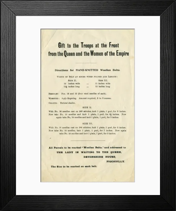 Framed Print : WW1 knitting, woollen belts - gift to the troops from Queen Framed Print : WW1 knitting, woollen belts - gift to the troops from Queen