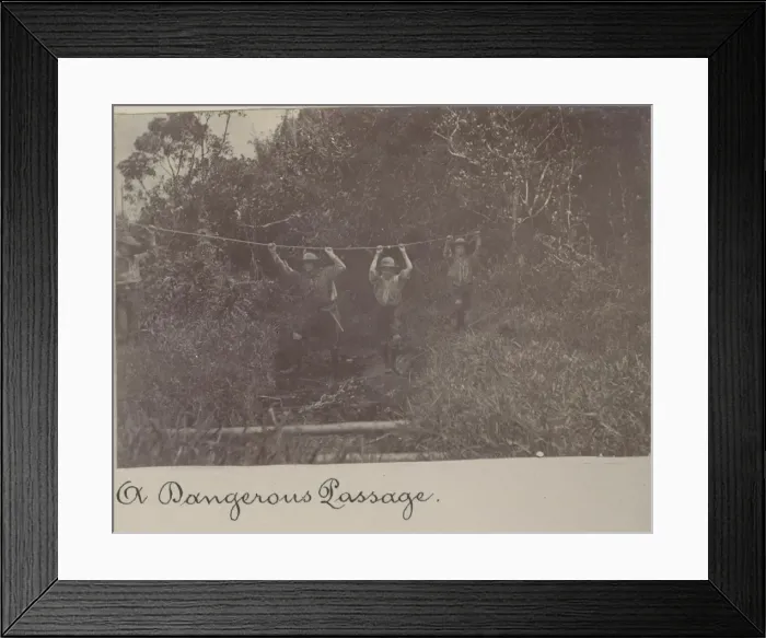 Framed Print : Boy scouts on a rope bridge, Mauritius Framed Print : Boy scouts on a rope bridge, Mauritius
