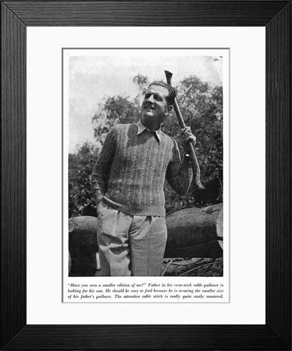 Framed Print : Basket stitch mens cardigan, circa 1941 Framed Print : Basket stitch mens cardigan, circa 1941