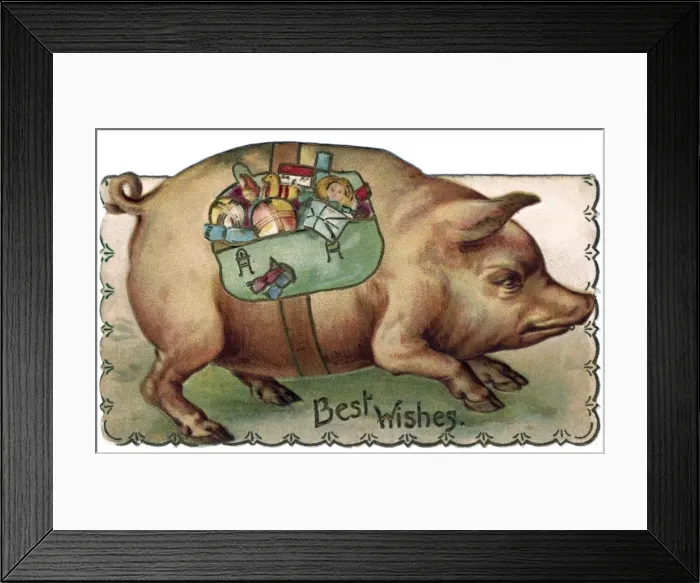 Framed Print : Pig with toys strapped to its side Framed Print : Pig with toys strapped to its side