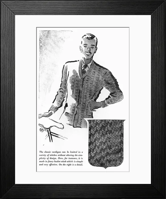 Framed Print : Basket stitch mens cardigan, circa 1941 Framed Print : Basket stitch mens cardigan, circa 1941