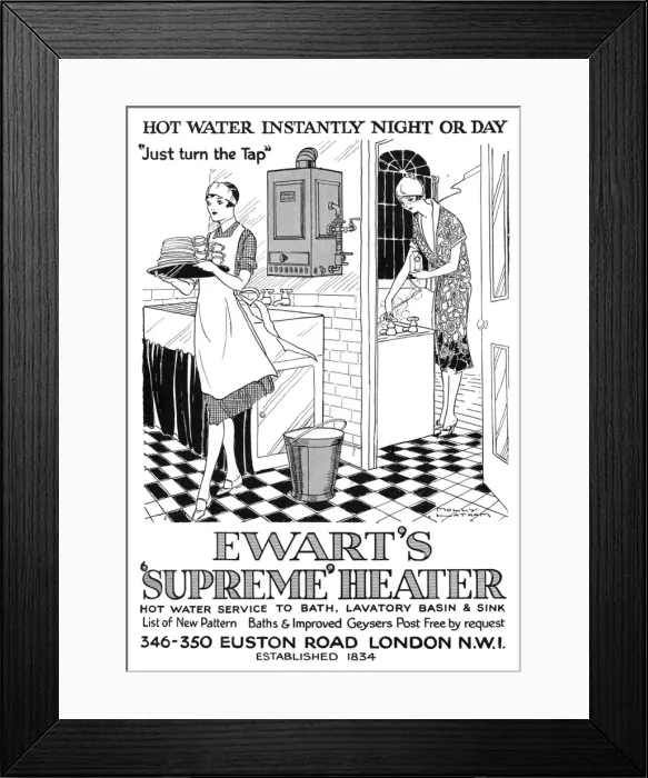 Framed Print : Advert for Ewarts Geyser hot water 1928 Framed Print : Advert for Ewarts Geyser hot water 1928