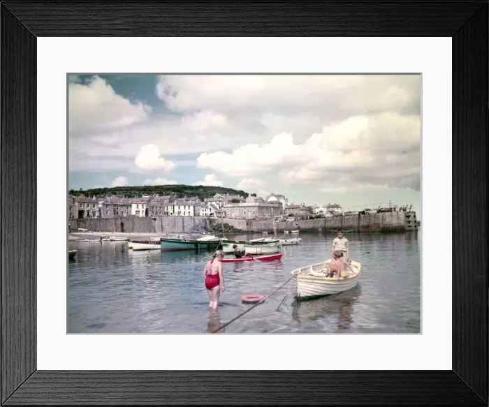 Framed Print : Children and boats in Mousehole Harbour, Cornwall Framed Print : Children and boats in Mousehole Harbour, Cornwall