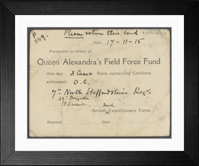 Framed Print : Card sent with comforts by Queen Alexandas Field Force Fund Framed Print : Card sent with comforts by Queen Alexandas Field Force Fund