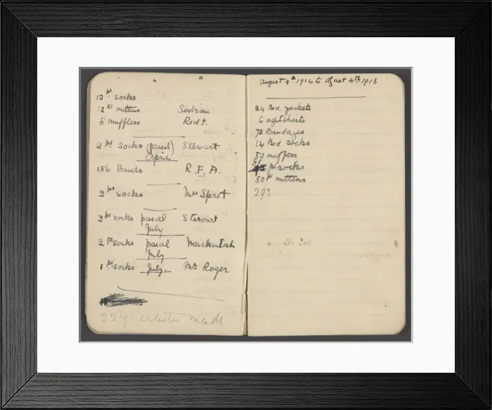 Framed Print : Notebook recording quantities of comforts for soldiers Framed Print : Notebook recording quantities of comforts for soldiers