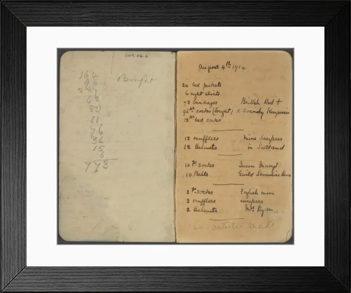 Framed Print : Notebook recording quantities of comforts for soldiers Framed Print : Notebook recording quantities of comforts for soldiers