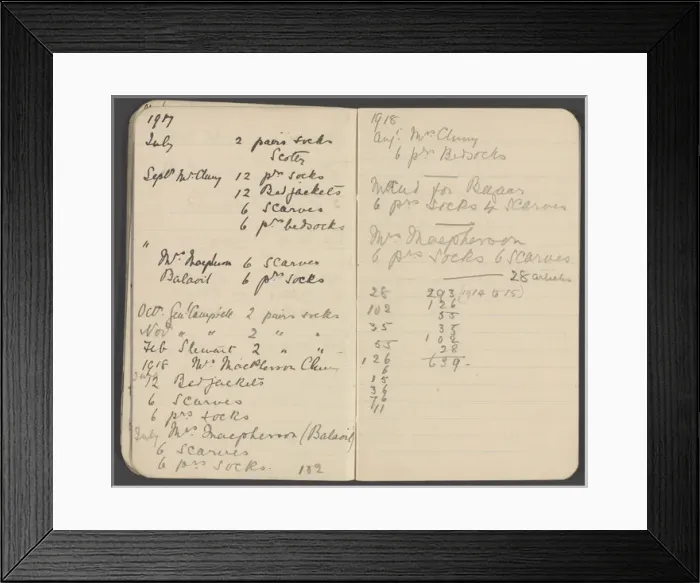 Framed Print : Notebook recording quantities of comforts for soldiers Framed Print : Notebook recording quantities of comforts for soldiers