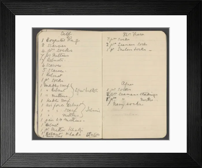 Framed Print : Notebook recording quantities of comforts for soldiers Framed Print : Notebook recording quantities of comforts for soldiers