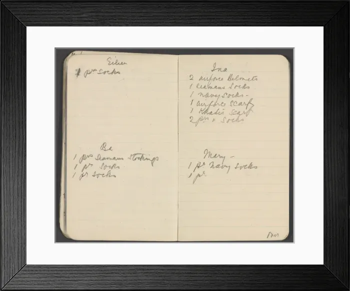 Framed Print : Notebook recording quantities of comforts for soldiers Framed Print : Notebook recording quantities of comforts for soldiers