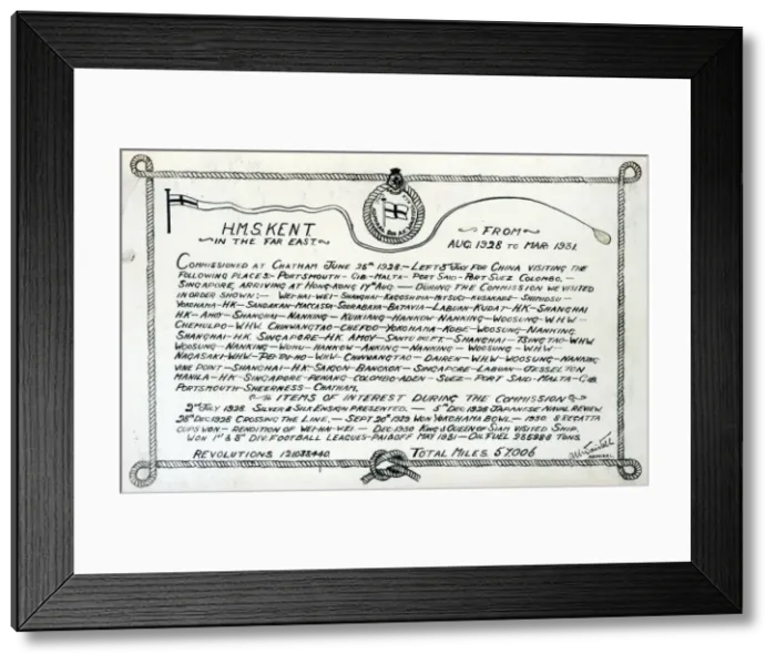 Framed Print : HMS Kent, British heavy cruiser, itinerary Framed Print : HMS Kent, British heavy cruiser, itinerary