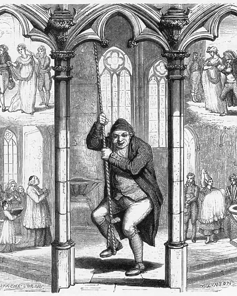 A bell ringer in a church, 1866
