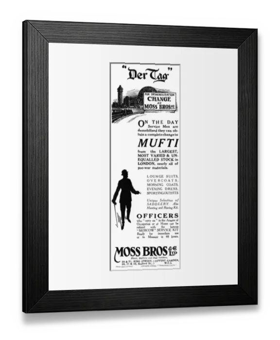 Framed Print : Moss Bros advertisement, end of WW1, demobilisation