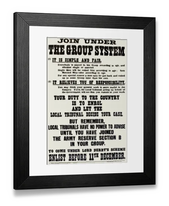 Framed Print : WWI Poster, Join Under the Group System Framed Print : WWI Poster, Join Under the Group System