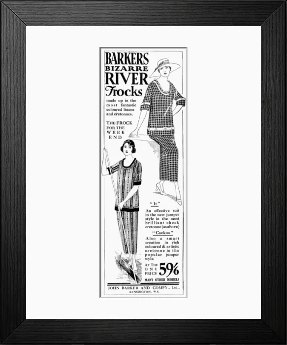 Framed Print : River frocks, dresses for boating from Barkers, 1919 advert Framed Print : River frocks, dresses for boating from Barkers, 1919 advert