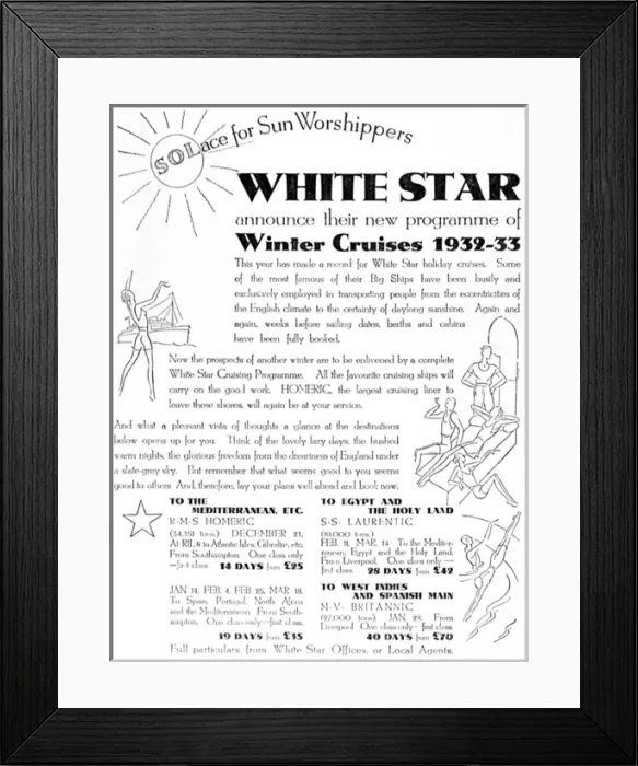 Framed Print : White Star advertisement for winter cruises Framed Print : White Star advertisement for winter cruises