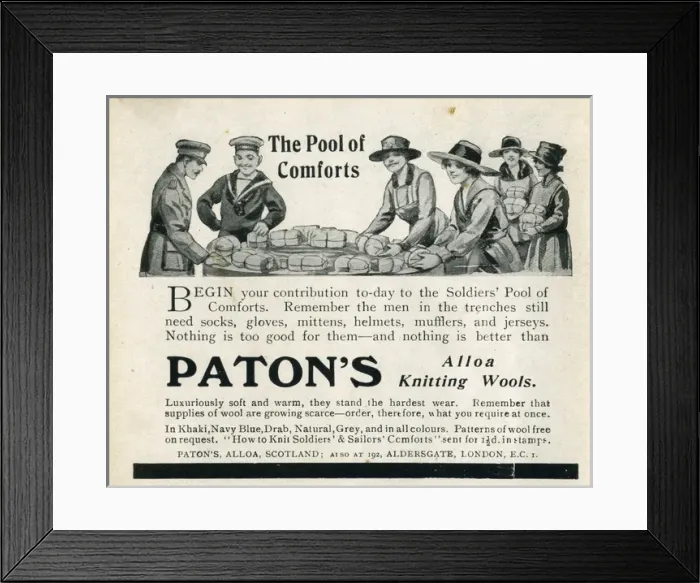 Framed Print : Patons knitting wools advertisement, WW1 comforts Framed Print : Patons knitting wools advertisement, WW1 comforts