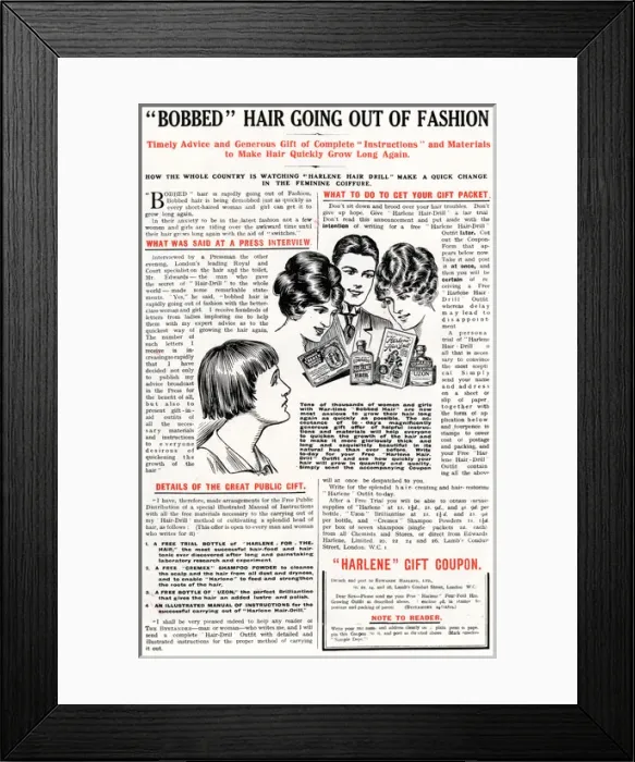 Framed Print : Bobbed hair going out of fashion, 1919 Harlene advert
