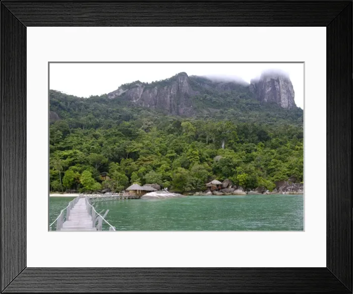 Framed Print : Rainforest, a jetty and a wooden cabins of Framed Print : Rainforest, a jetty and a wooden cabins of