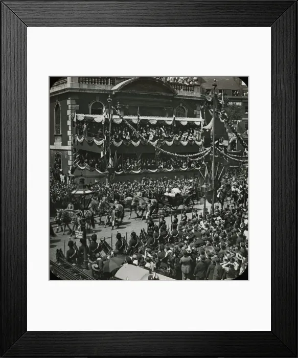Framed Print : The Queen. Black and white. A procession centred around a horsedrawn carriage; Framed Print : The Queen. Black and white. A procession centred around a horsedrawn carriage;