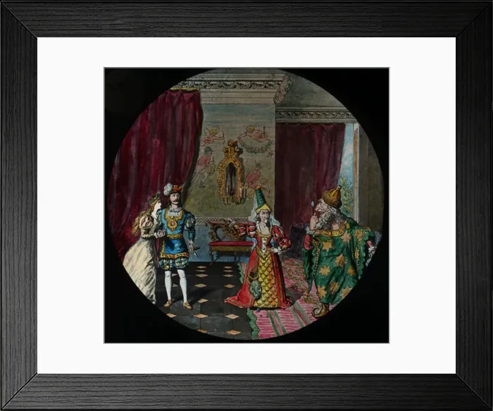 Framed Print : Slide showing three people dressed in finery and an enchante Framed Print : Slide showing three people dressed in finery and an enchante