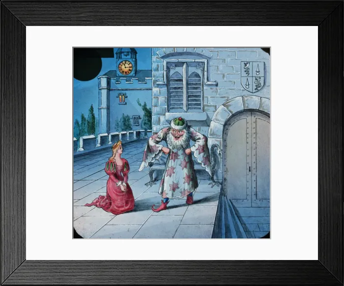 Framed Print : Picture showing a girl on her knees and man dressed as encha Framed Print : Picture showing a girl on her knees and man dressed as encha