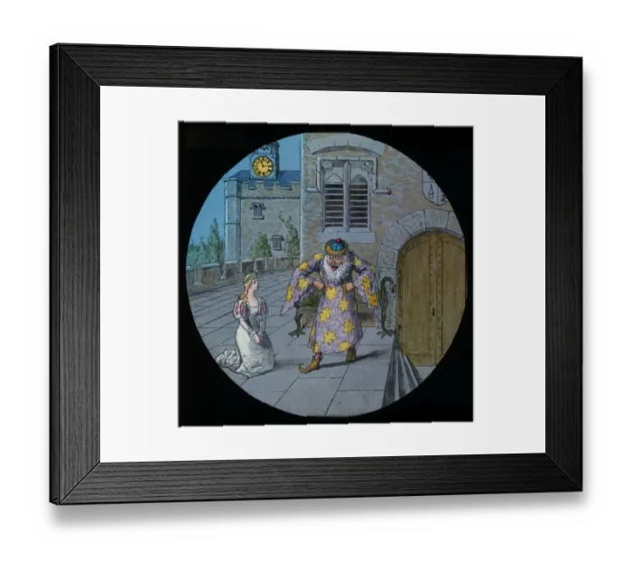 Framed Print : Picture showing a girl on her knees and man dressed as encha Framed Print : Picture showing a girl on her knees and man dressed as encha