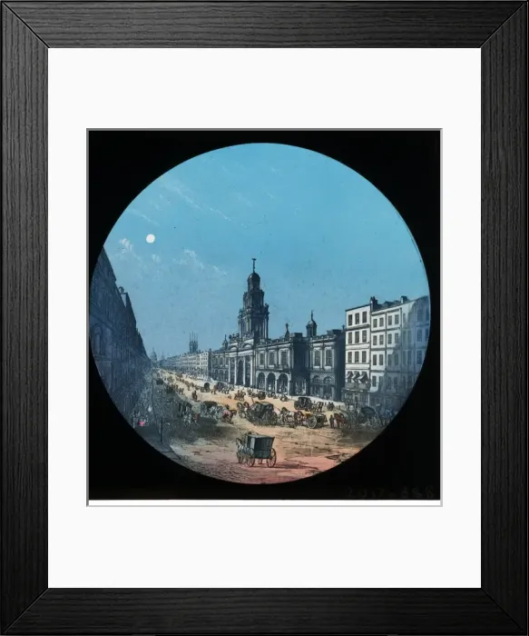 Framed Print : View looking down a street with large building on the other Framed Print : View looking down a street with large building on the other