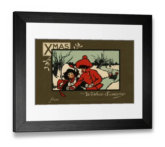 Framed Print : Boy & girl in winter scene Framed Print : Boy & girl in winter scene
